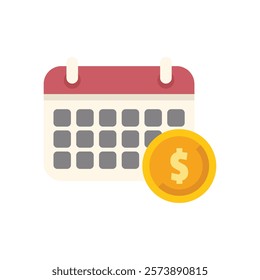 Calendar icon illustrating scheduled payment date with a nearby dollar coin, in flat design style