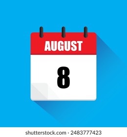 Calendar icon illustration. August eight. Red and white design. Blue background shadow.