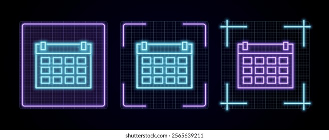 Calendar icon illustration, cyber neon visual, glowing border grid vector.