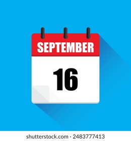 Calendar icon illustration. September sixteen. Red and white design. Blue background shadow.