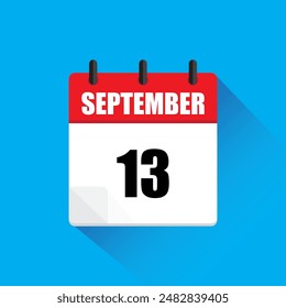 Calendar icon illustration. September thirteen. Red and white design. Blue background shadow.