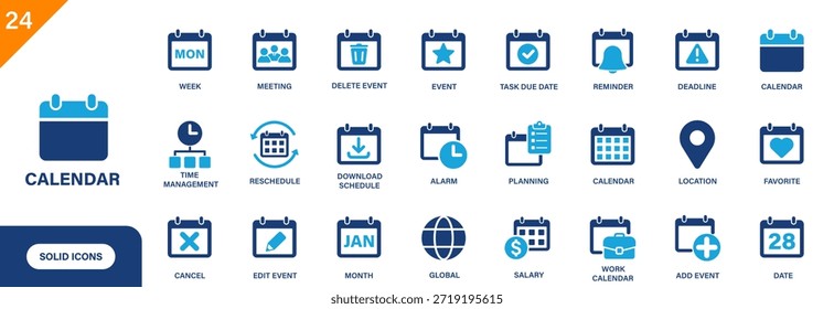 Icono de calendario. Incluyendo gestión del tiempo, salario, eventos, recordatorios, plazos. Conjunto de iconos de Vector sólido.