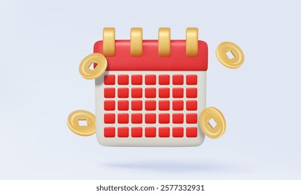 Calendar icon with ingot Chinese gold coins symbol china new year event schedule planner design prosperity auspicious Day month year management concept asian festival 3d vector illustration