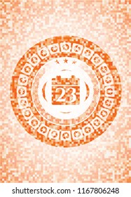 calendar icon inside abstract emblem, orange mosaic background