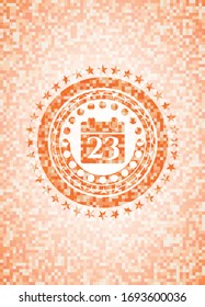 calendar icon inside abstract emblem, orange mosaic background