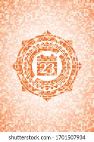 calendar icon inside abstract emblem, orange mosaic background