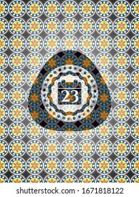 calendar icon inside arabic badge background. Arabesque decoration.