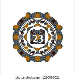 calendar icon inside arabic style badge. Arabesque decoration.