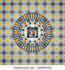 calendar icon inside arabic style emblem. Arabesque decoration.