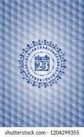 calendar icon inside blue badge with geometric background.