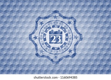 calendar icon inside blue emblem with geometric background.