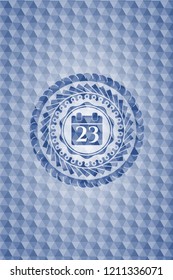 calendar icon inside blue emblem with geometric pattern.