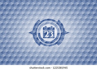 calendar icon inside blue emblem or badge with abstract geometric pattern background.