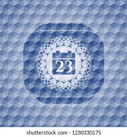 calendar icon inside blue emblem with geometric background.