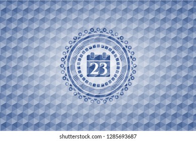 calendar icon inside blue emblem with geometric pattern background.