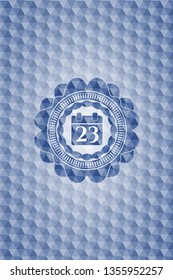 calendar icon inside blue emblem with geometric pattern.