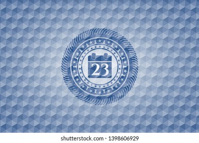 calendar icon inside blue emblem or badge with abstract geometric pattern background.