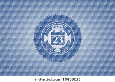 calendar icon inside blue emblem with geometric pattern background.