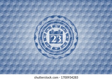calendar icon inside blue emblem or badge with geometric pattern background.