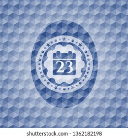 calendar icon inside blue hexagon badge.