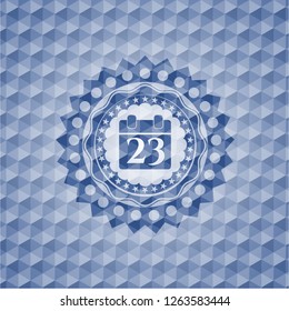 calendar icon inside blue polygonal emblem.