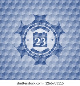 calendar icon inside blue polygonal emblem.
