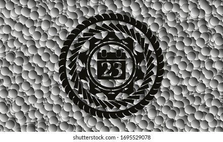 calendar icon inside dark badge with grey bubbles background. Vector Illustration. Detailed.