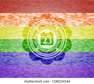 calendar icon inside emblem on mosaic background with the colors of the LGBT flag