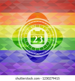 calendar icon inside emblem on mosaic background with the colors of the LGBT flag