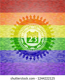 calendar icon inside emblem on mosaic background with the colors of the LGBT flag