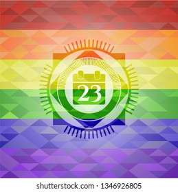 calendar icon inside emblem on mosaic background with the colors of the LGBT flag