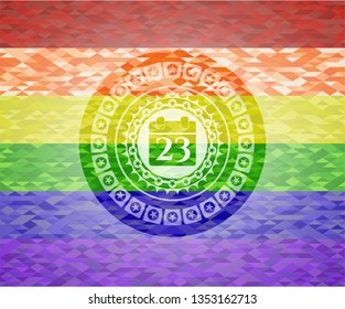 calendar icon inside emblem on mosaic background with the colors of the LGBT flag