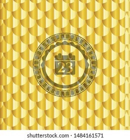 calendar icon inside gold emblem or badge. Scales pattern. Vector Illustration. Detailed.