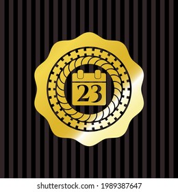 calendar icon inside golden emblem. 