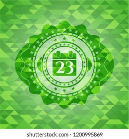 calendar icon inside green emblem with mosaic ecological style background