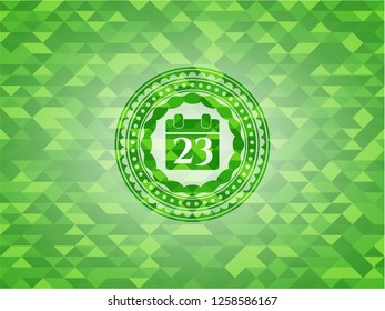 calendar icon inside green emblem with mosaic background