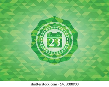 calendar icon inside green emblem with mosaic ecological style background