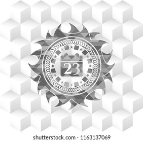 calendar icon inside grey badge with geometric cube white background