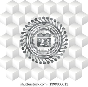calendar icon inside grey badge with geometric cube white background