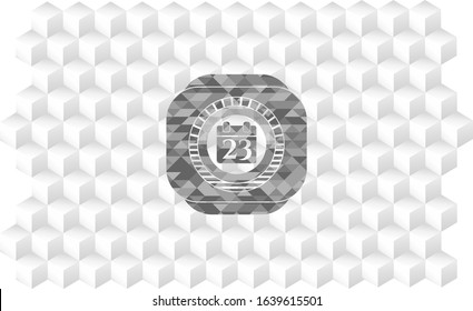 calendar icon inside grey badge with geometric cube white background
