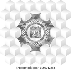 calendar icon inside grey emblem with geometric cube white background
