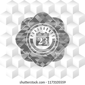calendar icon inside grey emblem. Vintage with geometric cube white background