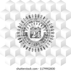 calendar icon inside grey emblem. Vintage with geometric cube white background