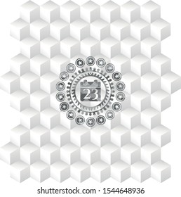 calendar icon inside grey emblem with geometric cube white background