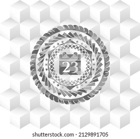 calendar icon inside grey emblem with cube white background. 