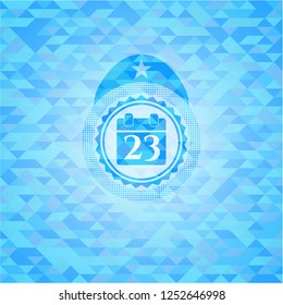 calendar icon inside light blue emblem. Mosaic background