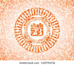 calendar icon inside orange tile background illustration. Square geometric mosaic seamless pattern with emblem inside.