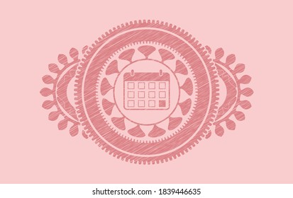calendar icon inside Pink stroke realistic emblem. Rose color fashionable background. Artistic illustration. 
