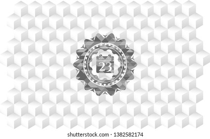 calendar icon inside realistic grey emblem with geometric cube white background