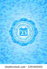 calendar icon inside realistic sky blue mosaic emblem